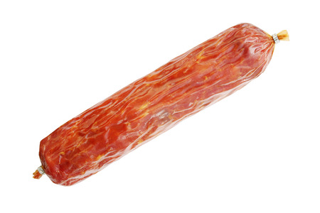 Complete stick smoked sausage isolated on white backgroundの写真素材