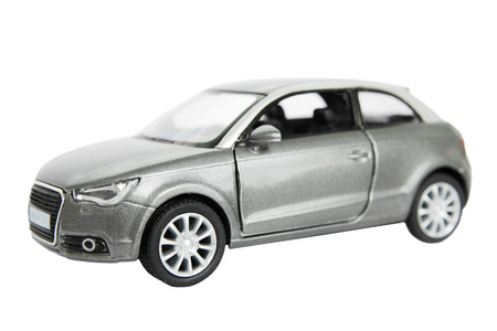 Silver gray car, toy isolated on white background racingの写真素材