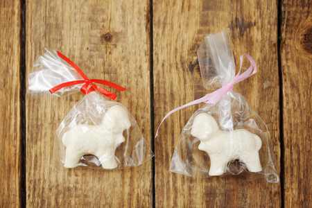 Sweet white chocolate in the form of a lambsの写真素材