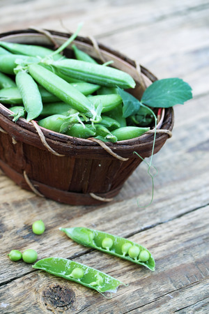 Green peas in a basket made of birch barkの写真素材