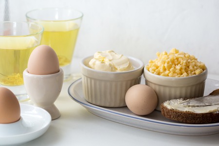 boiled eggs with breadの写真素材