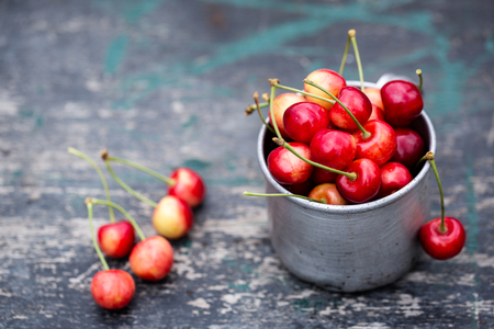 Juicy red cherry in a mugの写真素材