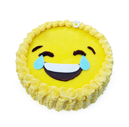 A beautiful yellow cake with a smile. isolated on white backgroundの写真素材