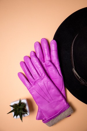 Warm pink gloves and a hatの写真素材