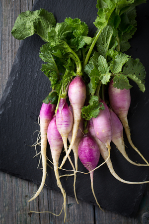 Fresh juicy radish on a stone boardの写真素材