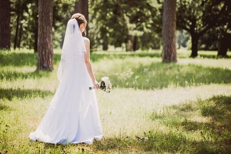 Portrait of a beautiful bride in veil in the park in the meadowの写真素材