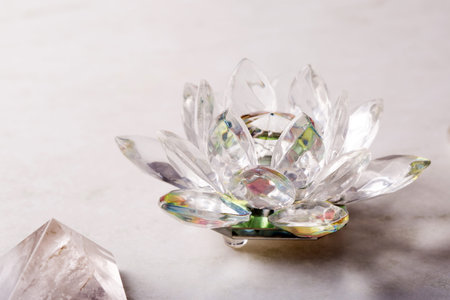 Crystal lotus flower, ball and pyramid. Reiki concept