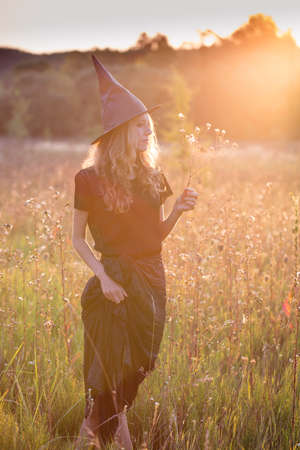 Young witch in a hat at sunsetの写真素材