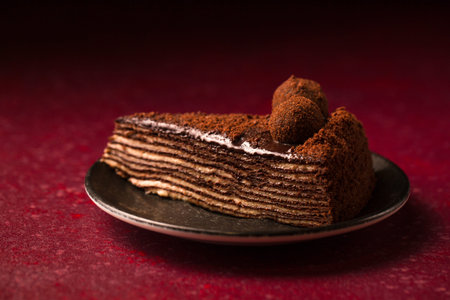 Spartacus multilayer chocolate cake on a burgundy background