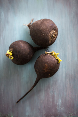 Black Radish on a gray background, top view