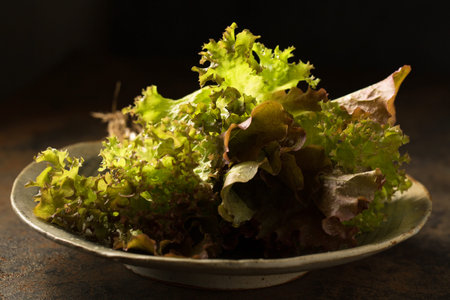 Delicious Healthy Organic Salad with Anthocyanin, a Beneficial Antioxidant, still life in rustic...