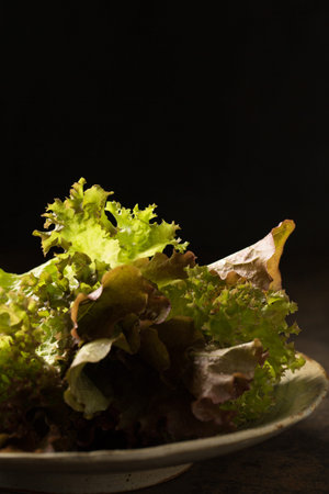 Delicious Healthy Organic Salad with Anthocyanin, a Beneficial Antioxidant, still life in rustic...