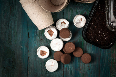 Peat Pots and Peat Tablets for Planting Seeds, Garden Rustic Still Lifeの写真素材