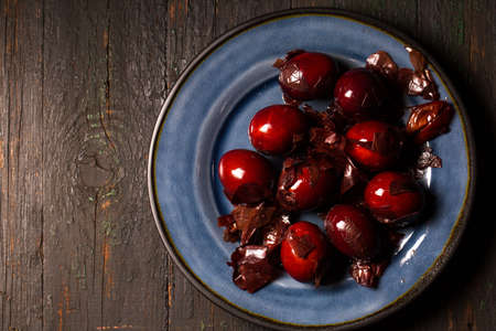 Chicken eggs dyed with onion, husks in the old traditional method. Easter concept in a rustic styleの写真素材