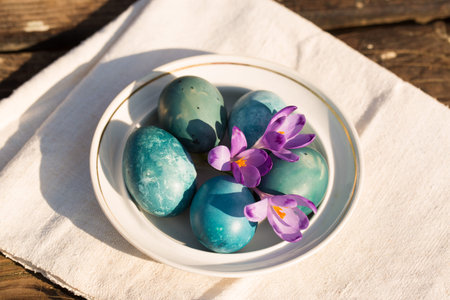 Blue Easter eggs with purple crocuses. easter concept