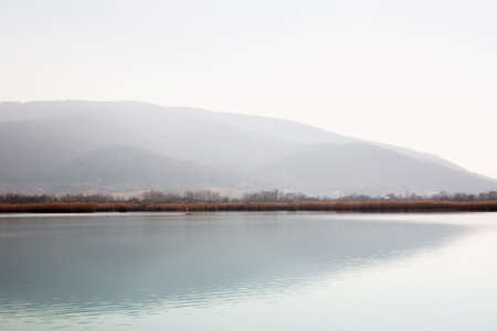 Beautiful spring view of the water landscape from the lake to the Black Mountain, Vynohradiv, Transcarpathian regionの写真素材