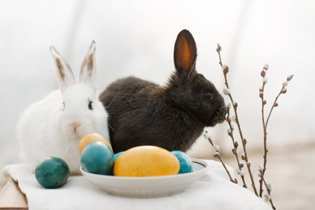 White and black Easter bunnies near painted eggs in yellow and blue tones of the Ukrainian flag