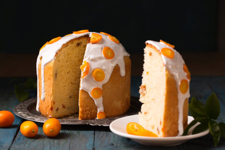 Still life with Easter cake and juicy kumquats on a wooden background