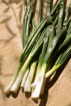 green onions for spring salad in the sunlight