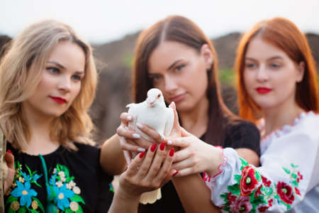 Three different Ukrainian women defenders hold a dove of peace, a symbol of peace in Ukraineの写真素材