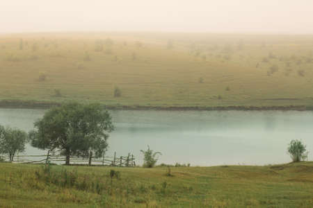 Hilly foggy pasture on the shore of the lakeの写真素材