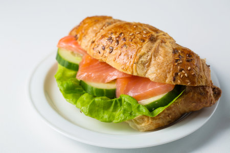 Croissant with salmon and cucumber on a white plate on a white backgroundの写真素材