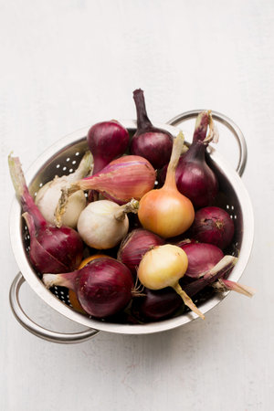 Purple, white and golden onions in a metal sieve on a light backgroundの写真素材
