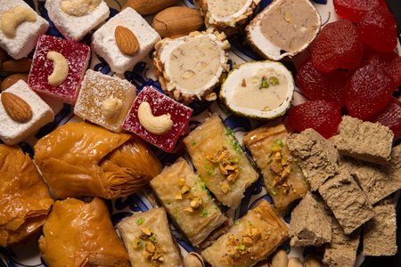 A large plate of various oriental sweets and nuts on a dark backgroundの写真素材