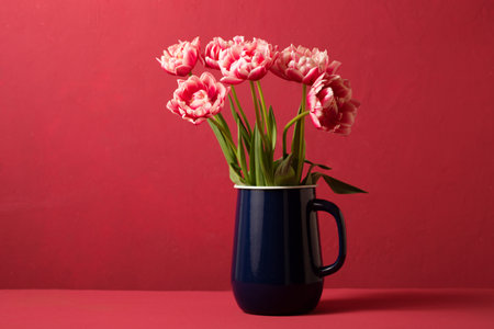 Beautiful spring bouquet of pink tulips in a blue decanter on a pink background.の写真素材