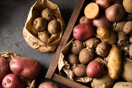 Various varieties of potatoes. Germination of sprouts on potatoes for planting in the groundの写真素材
