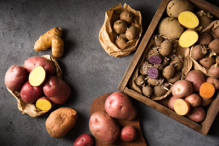 Various varieties of potatoes. Germination of sprouts on potatoes for planting in the groundの写真素材