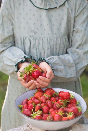 Cute little girl in a vintage dress with a bowl of ripe strawberries in the gardenの写真素材