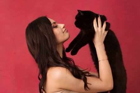 Beautiful woman holding a black cat on a pink background.の写真素材