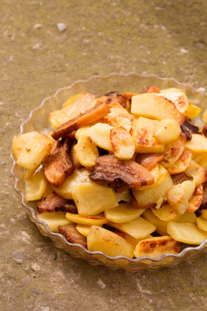 Crispy, ruddy fried potatoes with slices of fried lard on a large plateの写真素材