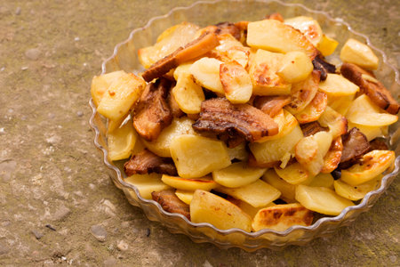 Crispy, ruddy fried potatoes with slices of fried lard on a large plateの写真素材