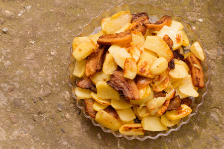 Crispy, ruddy fried potatoes with slices of fried lard on a large plateの写真素材