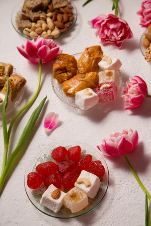 Still life of oriental sweets on a light background with pink tulipsの写真素材