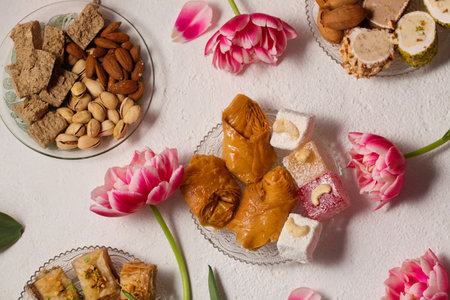 Still life of oriental sweets on a light background with pink tulipsの写真素材