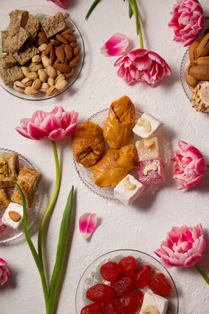 Still life of oriental sweets on a light background with pink tulipsの写真素材