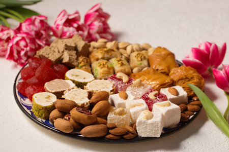 Still life of oriental sweets on a light background with pink tulipsの写真素材