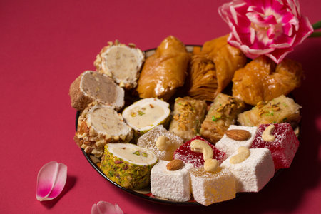 Still life of oriental sweets on a pink background with pink tulipの写真素材