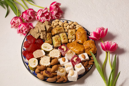 Still life of oriental sweets on a light background with pink tulipsの写真素材