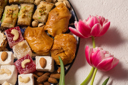Still life of oriental sweets on a light background with pink tulipsの写真素材