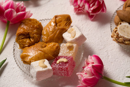 Still life of oriental sweets on a light background with pink tulipsの写真素材