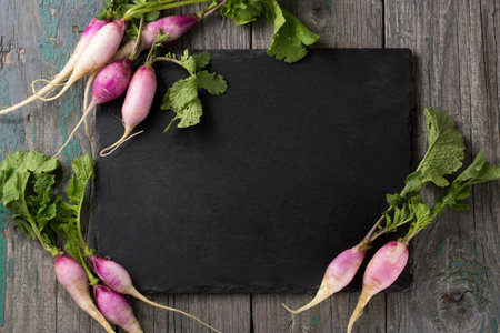 Fresh spring radish with purple-white skin and herbs on a wooden boardの写真素材