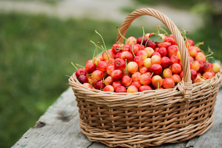 A large wicker basket with ripe sweet cherries on the grass in the gardenの写真素材