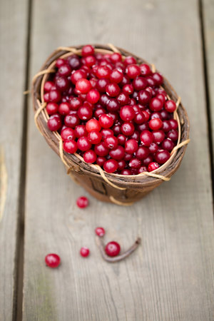 sour berry cranberries in a wooden basket on a wooden backgroundの写真素材