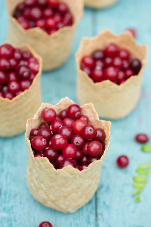 sour berry cranberries in small wicker baskets on a blue backgroundの写真素材