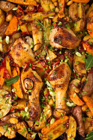 Baked vegetables with ruddy baked chicken on a wooden tableの写真素材