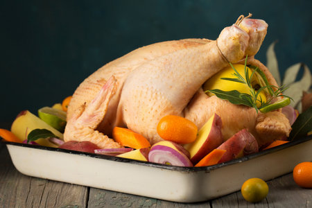 A large chicken stuffed with an apple with vegetables and citrus fruits, ready for baking, lies on a baking sheetの写真素材